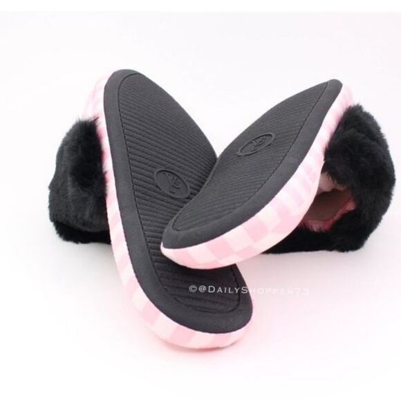 VICTORIA'S SECRET SIGNATURE SATIN SLIPPERS PINK STRIPE WITH FAUX FUR SLIPPER - Picture 8 of 13